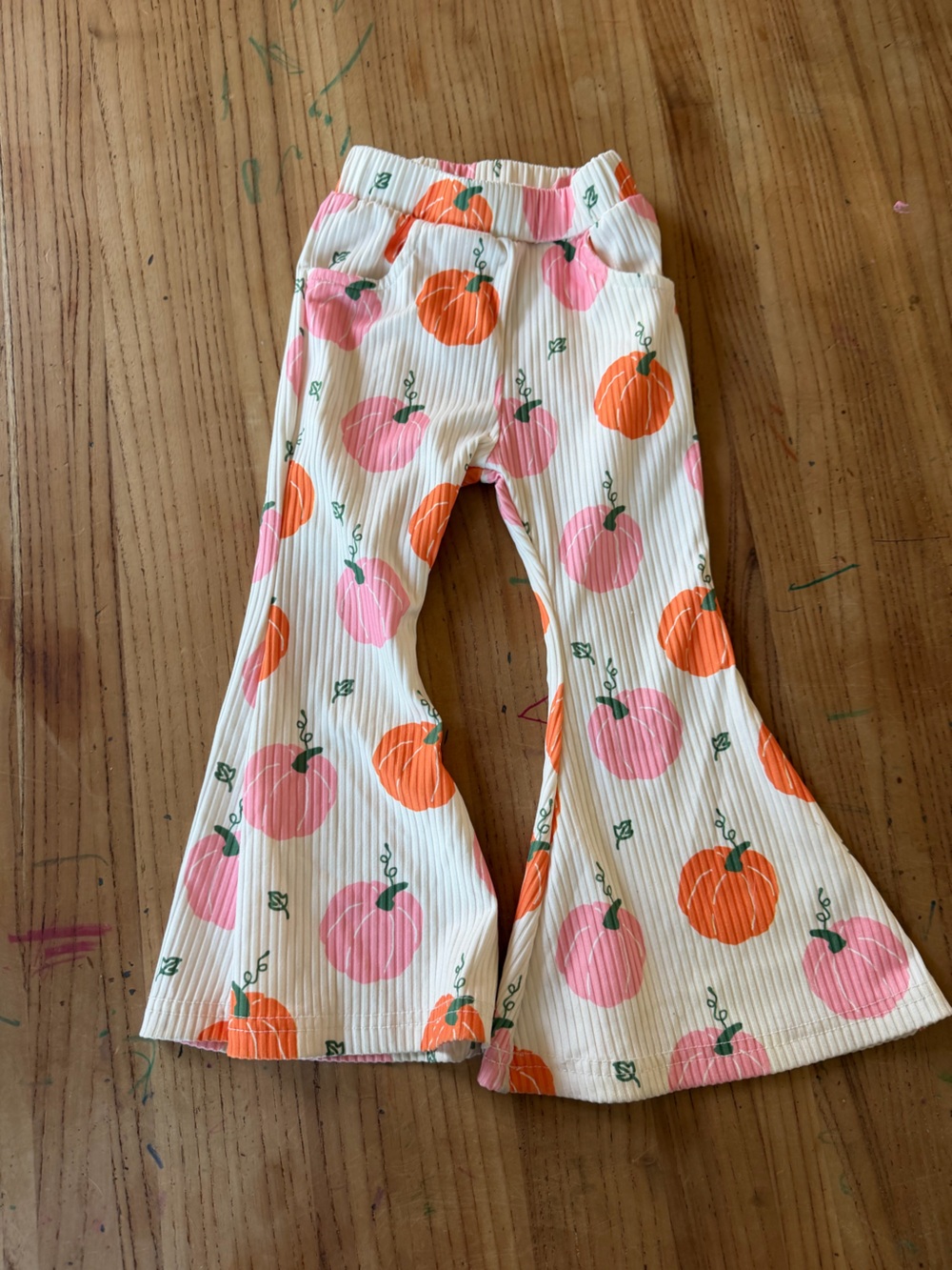 Kids Flared Ribbed Pants with Pink & Orange Pumpkin Print